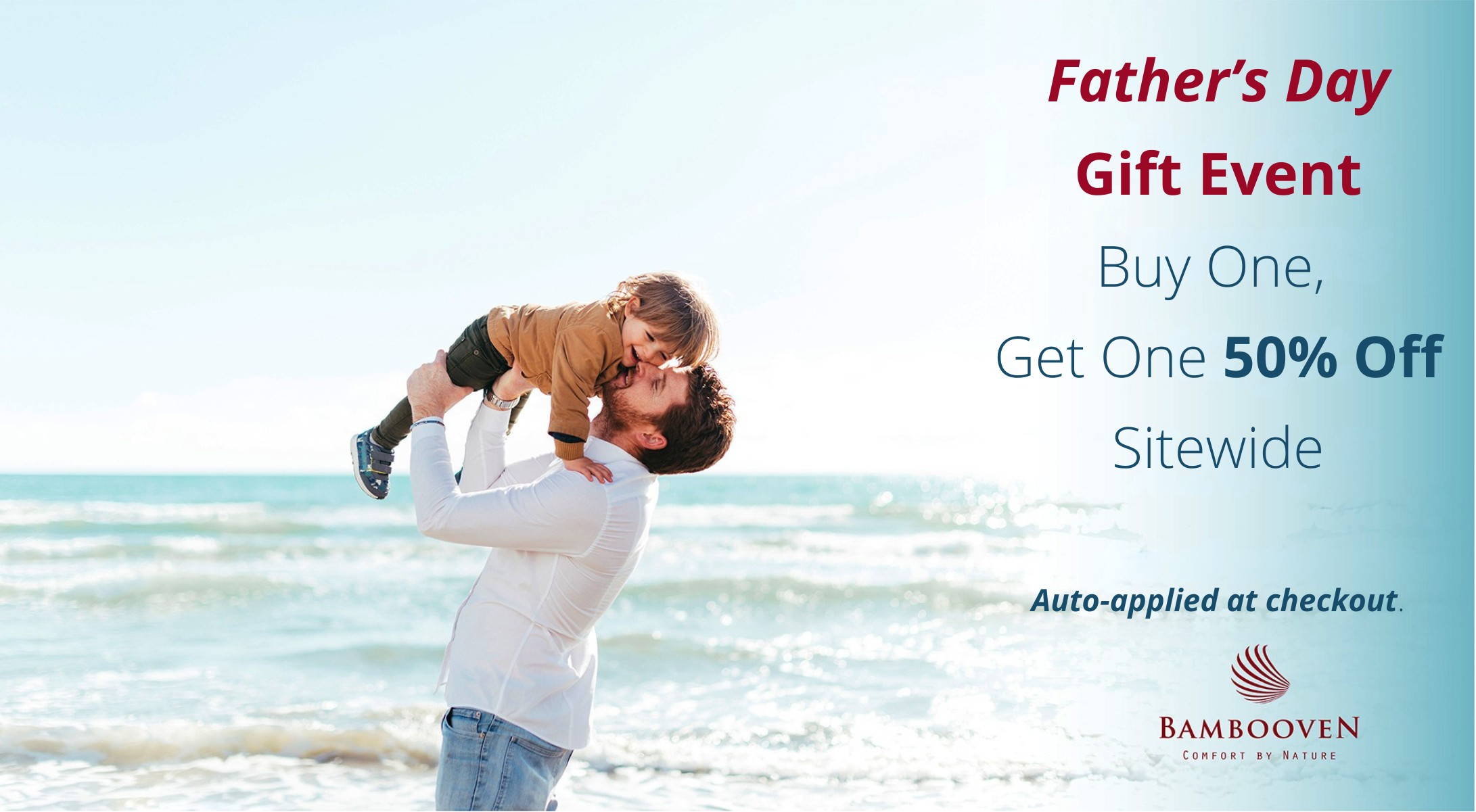 Advertisement for a Father's Day gift event with a man and child on the beach.
