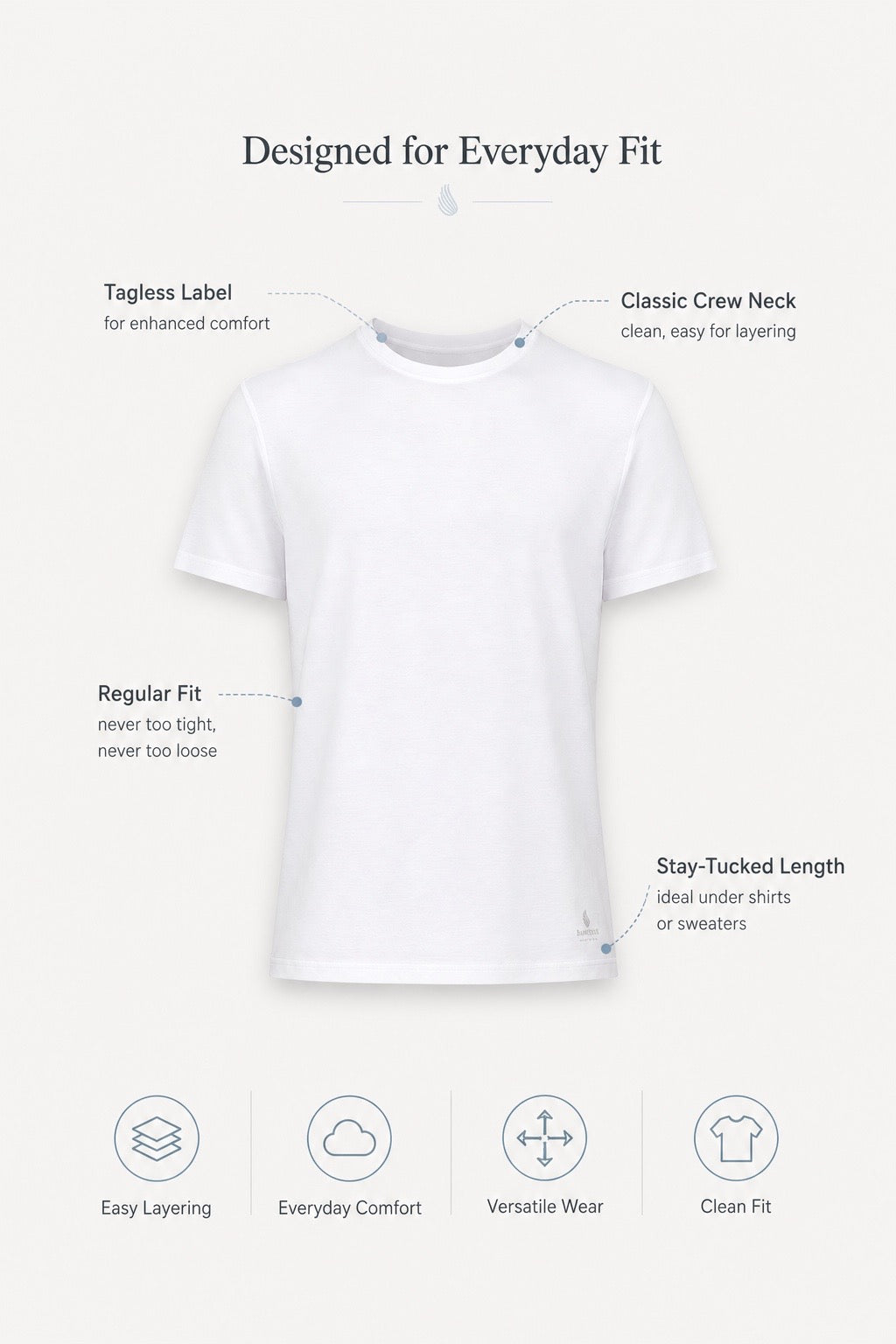Bambooven crew neck undershirt designed for everyday fit infographic
