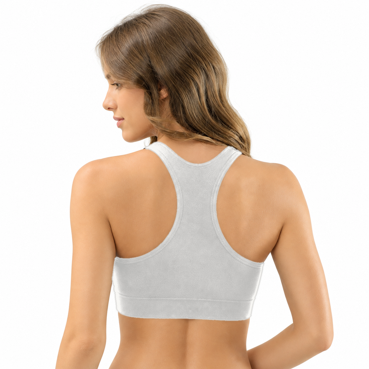Seamless round-neck sports bra, white, racerback