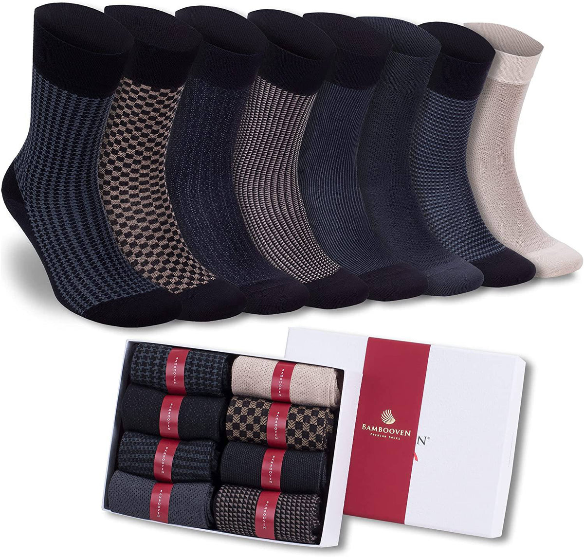Men’s Bamboo Lightweight Dress Socks 8-Pack Gift Box, Navy, Taupe & Cream